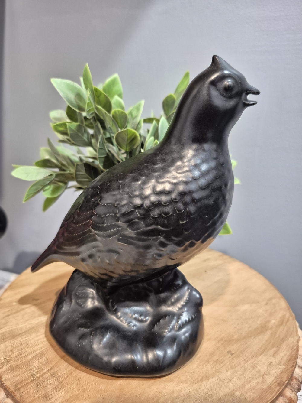 Vintage Blue Mountain Pottery Black Ceramic Quail Figurine 7" Tall